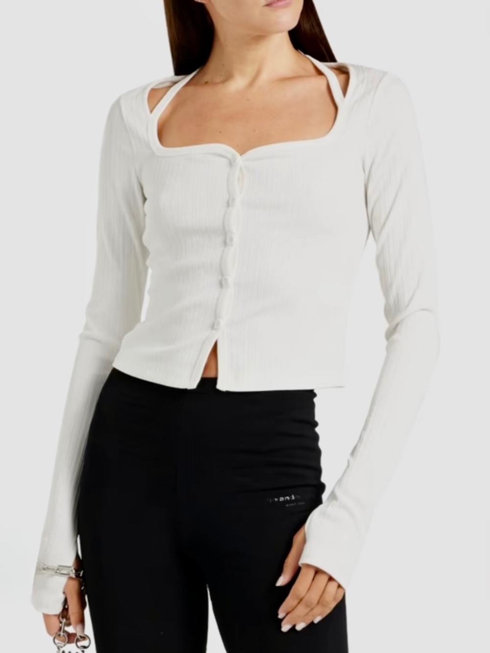 Helmut Lang Optic White Ribbed Square Neck Cardigan Cutout Thumbhole Top Sz M